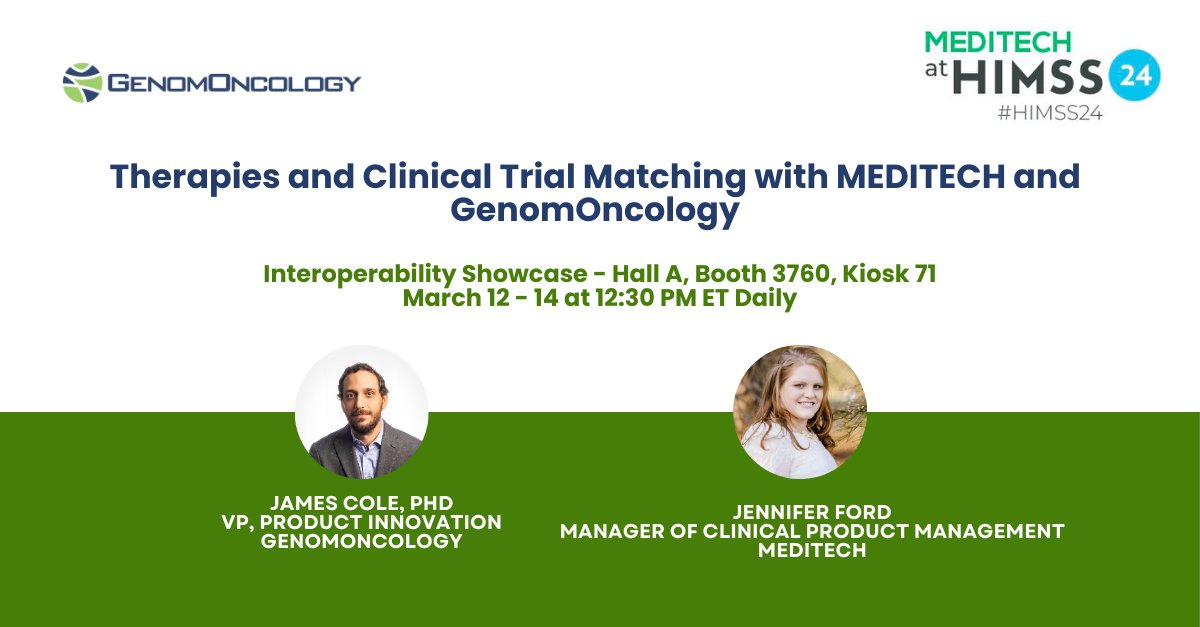 Connect with GenomOncology this week at #HIMSS24! Swing by the #Interoperability Showcase at 12:30 pm today or tomorrow as we break down how @MEDITECH & GenomOncology enabled access to crucial precision oncology data right within the MEDITECH EHR. genomoncology.com/himss-2024