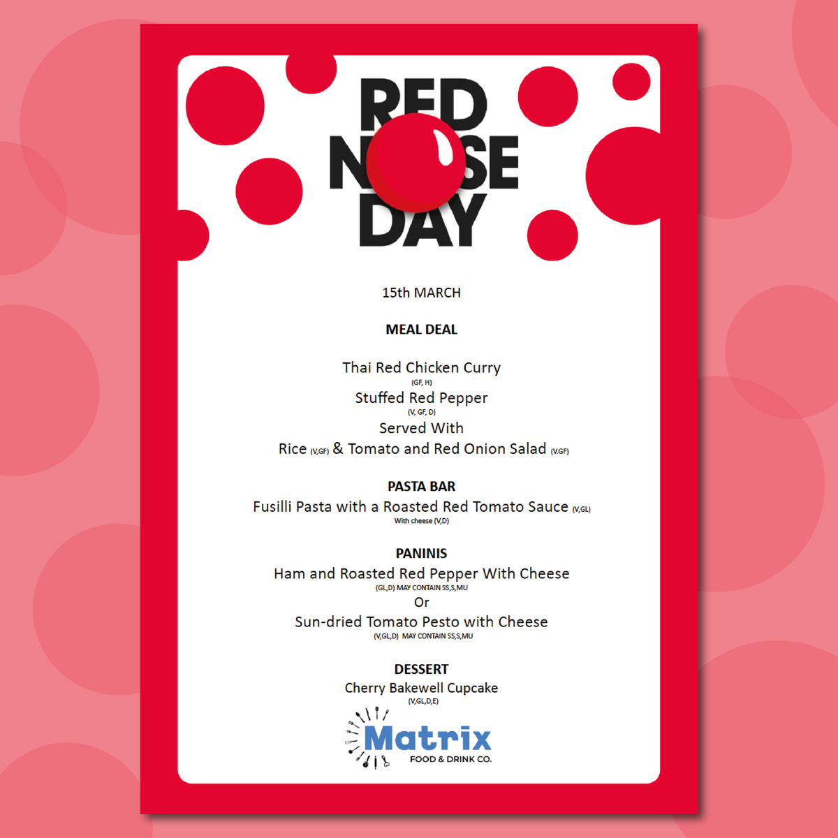 Enjoy a tasty selection of red-themed meals at lunchtime on Friday in support of Red Nose Day🔴🍽️ #RedNoseDay2024 #ComicRelief