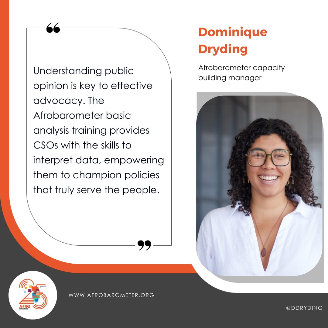 Dominique Dryding, Afrobarometer's capacity building manager, highlights the importance of our basic analysis training in strengthening CSOs' research capabilities and advocacy efforts. #VoicesAfrica #AfrobarometerAt25