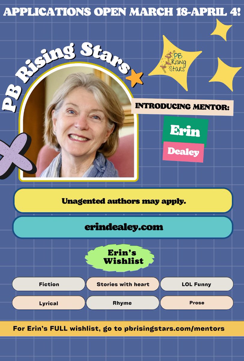 Only 5 days left until #pbrisingstars mentee apps open!! And today, we’re featuring @ErinDealey who is looking for unagented authors working in fiction, lyrical, rhyme, prose, LOL funny, heart, and more! Check out her full wish list at PBRisingStars.com/erin #kidlit