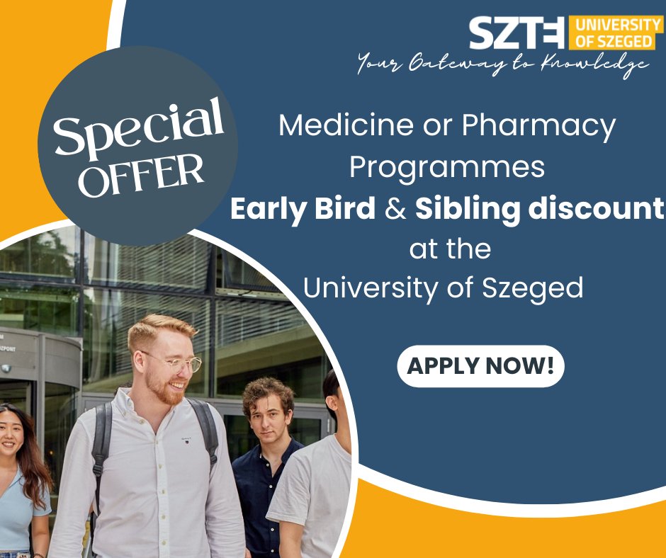 Medicine or Pharmacy Programmes Early Bird 🐦 & Sibling discount 👩‍👦 at the University of Szeged for International Students!👇
med.u-szeged.hu/fs/fees-and-co…

#UniversityofSzeged #StudyinSzeged #SZTEinternational #earlybirddiscount #siblingdiscount