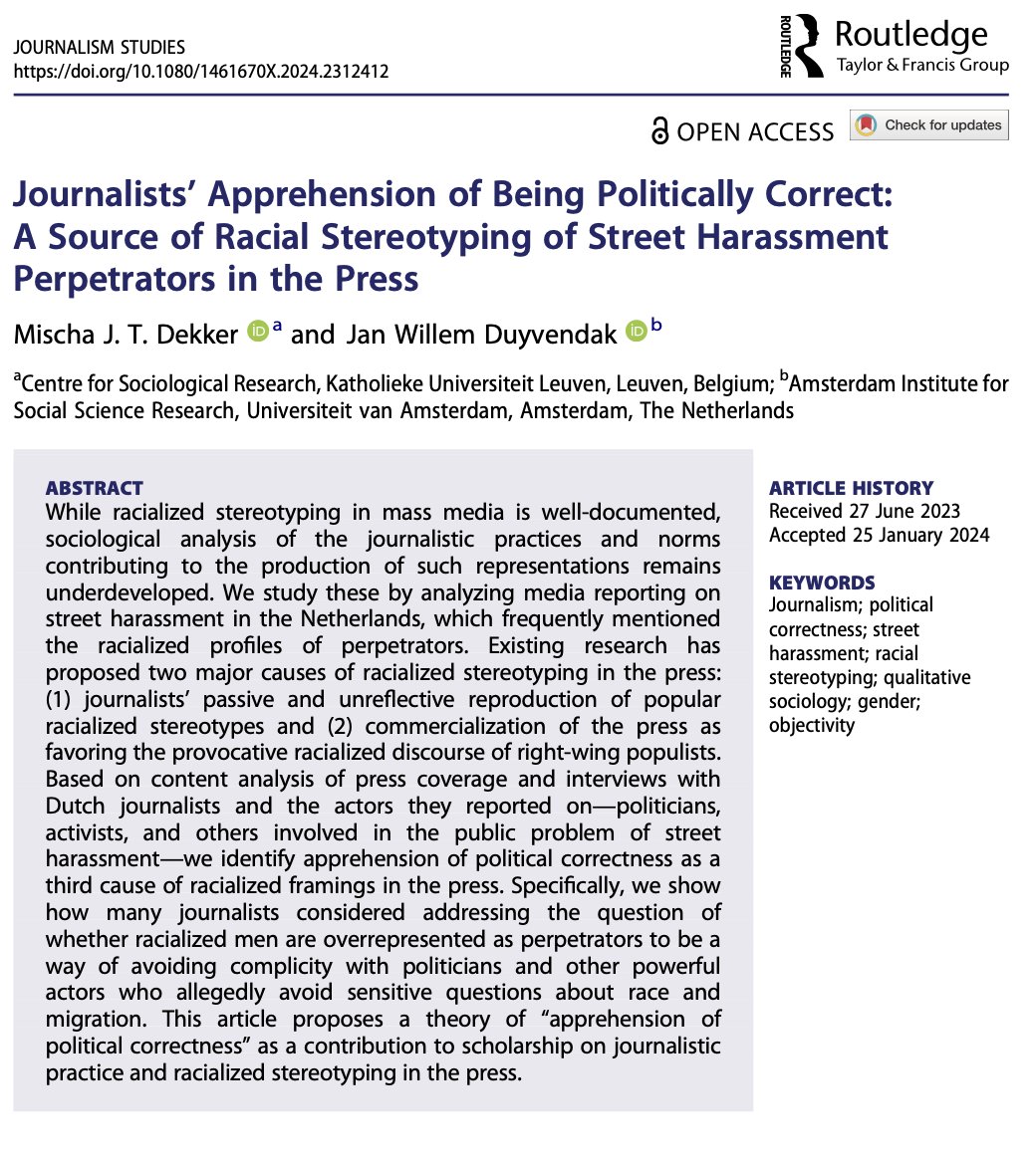 New paper in @journstudies! How do debates on political correctness inform how journalists do their work? With @jwduyvendak we identify reporters' concern about being politically correct as a source of racial stereotyping of street harassment perpetrators tandfonline.com/doi/metrics/10…
