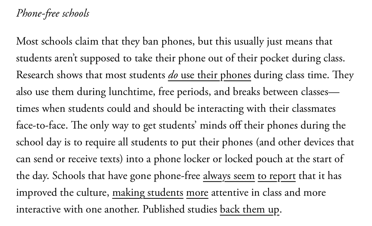 Excellent article by Jon Haidt in The Atlantic (The terrible costs of a phone-based childhood). Lots to unpack. On learning: 'Studies confirm that when students have access to their phones during class time, they use them, especially for texting & checking social media & their…
