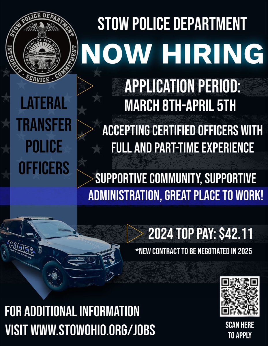 StowPD's tweet photo. Stow PD is looking to hire two LATERAL TRANSFER police Officers.  If you are a certified officer who is interested, you are encouraged to apply.  If you know an officer who may be interested, pls send this to them.  
Stow is a great place to live and work! https://t.co/ONpLbqsIZh