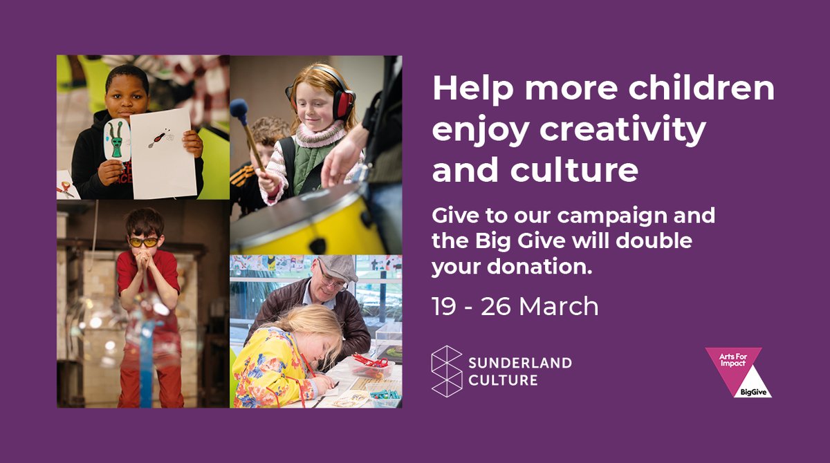 Exciting news! Next week we’re taking part in @BigGive’s #ArtsforImpact campaign. Can you help us raise £20,000 to bring creativity and culture to more children and young people in Sunderland? Save the date, spread the word and visit our Big Give page: tinyurl.com/3kmkhwd5