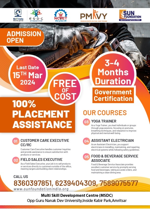 Hurry up now 
Admission Open
Government approved certificate
Free of cost
Till 15 March 2024
#multiskilldevelopmentcentreamritsar #msdcamritsar #sunfoundation #admissions #admissionopen #limitedseats #hurryup #goldenchance #goldenopportunity
