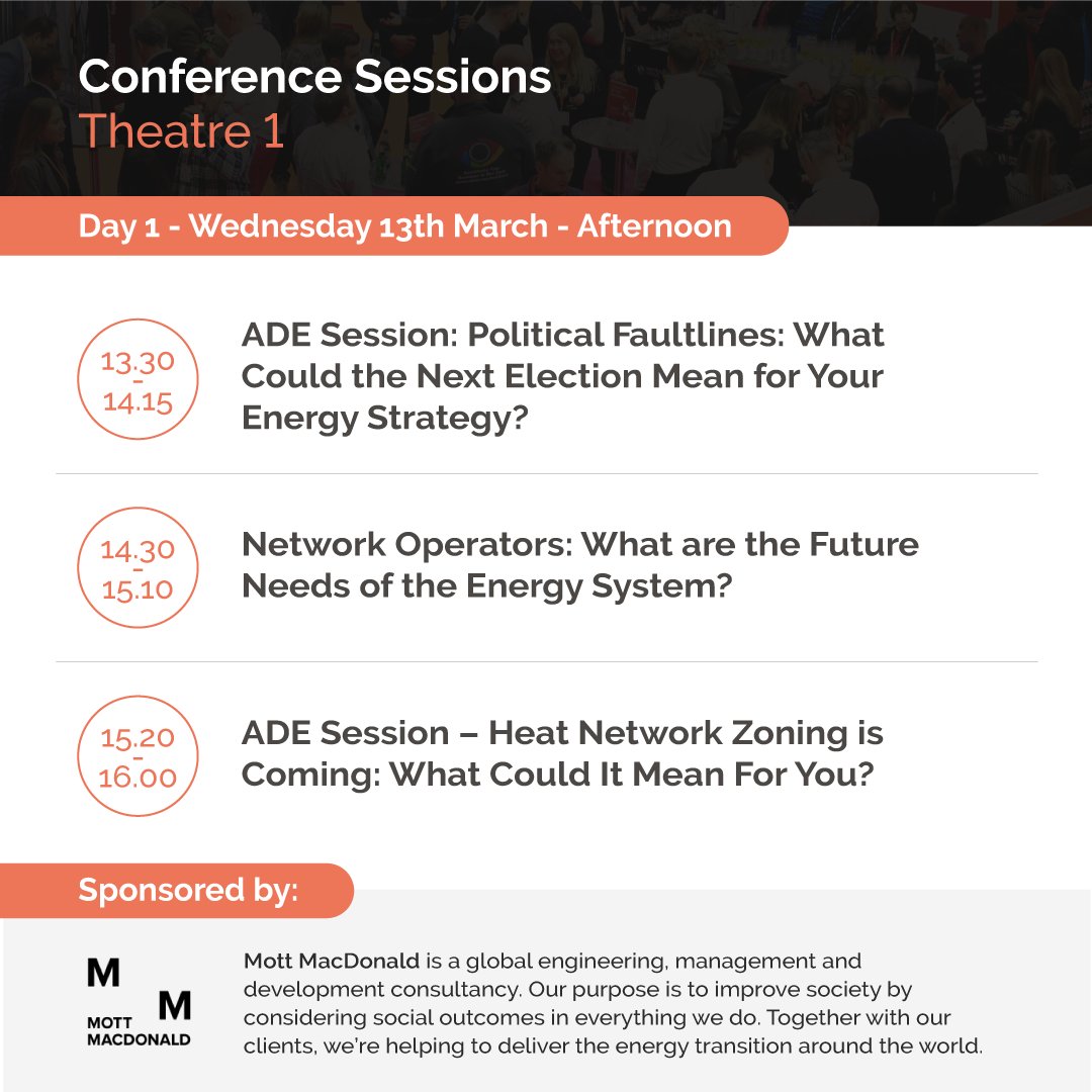 Speakers include: @theADEuk, @CornwallInsight, @eonenergyuk, @EnergyUKcomms, @PicloEnergy, @ssencommunity, @Northpowergrid, @ENWCML, @VattenfallUK & @tpheatnetworks Full Agenda: vist.ly/39ui6 Theatre 1 is sponsored by @MottMacDonald #DES24