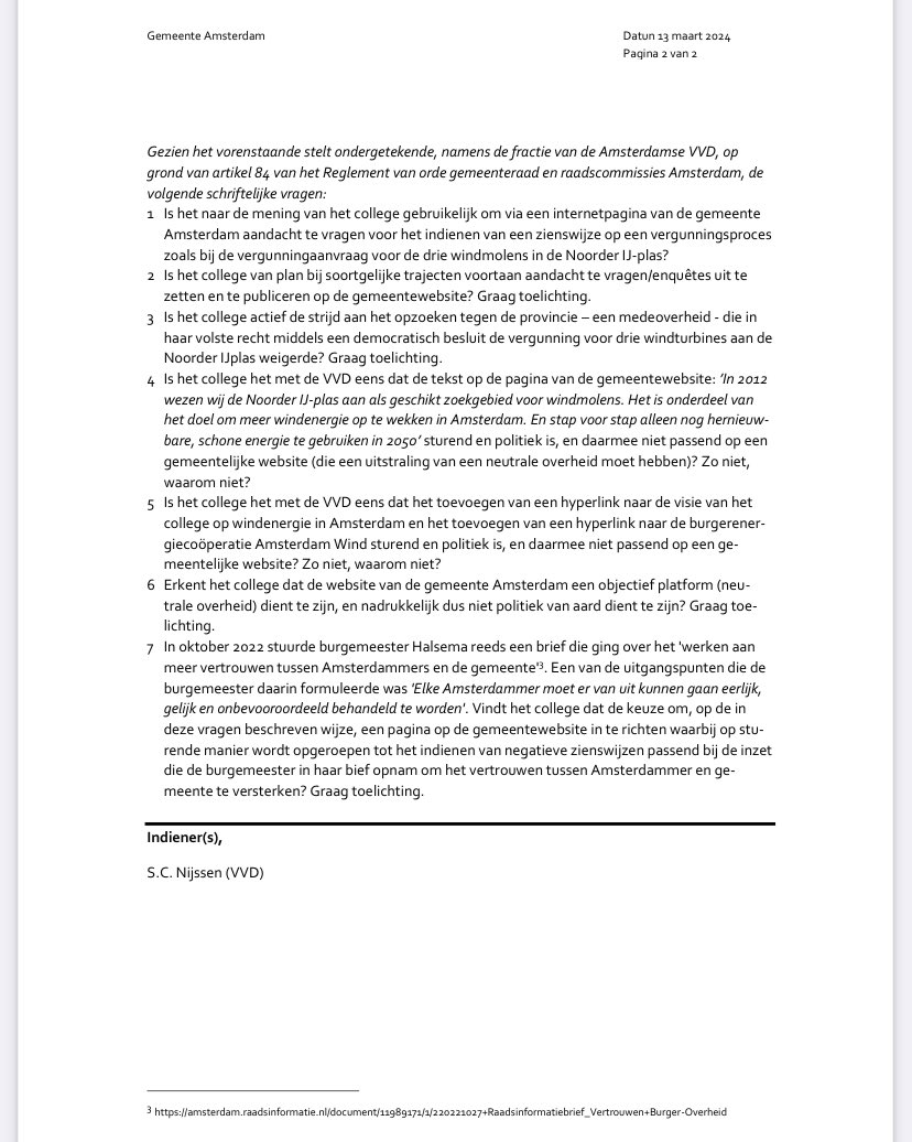 Amsterdam maakt op oneigenlijke wijze op eigen website reclame voor het indienen van zienswijzen tegen het democratische besluit van de provincie om plaatsing van windturbines aan NIJplas af te wijzen.

Onwenselijk, gemeentelijke website moet neutraal karakter hebben. 

Vragen👇