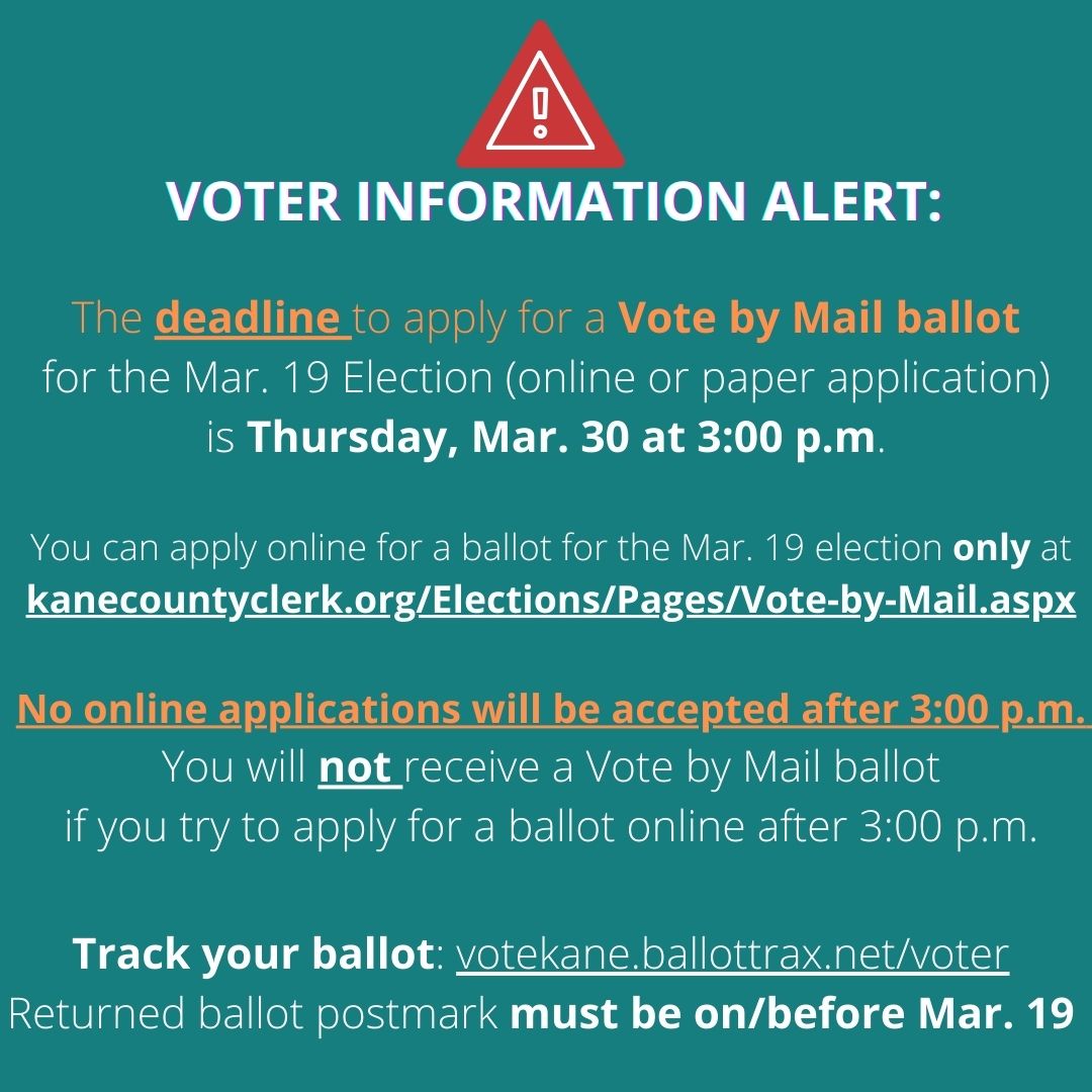 Planning to #VotebyMail? More than 8,300 #KaneCounty voters have already returned their VBM ballot, a record for a Primary Election. If you haven't already applied for a VBM ballot, the deadline is TOMORROW at 3pm. Learn how to apply at kanecountyclerk.org/Elections/Page…