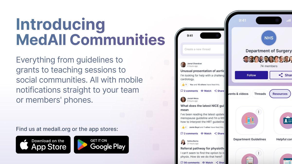 📢Our biggest update ever: MedAll Communities 
Add everything from guidelines to grants to rotas to patient leaflets. Create your own social community &amp; run your education programme.

All on our app, with notifications straight to your phone. 
Learn more: medall.org/communities