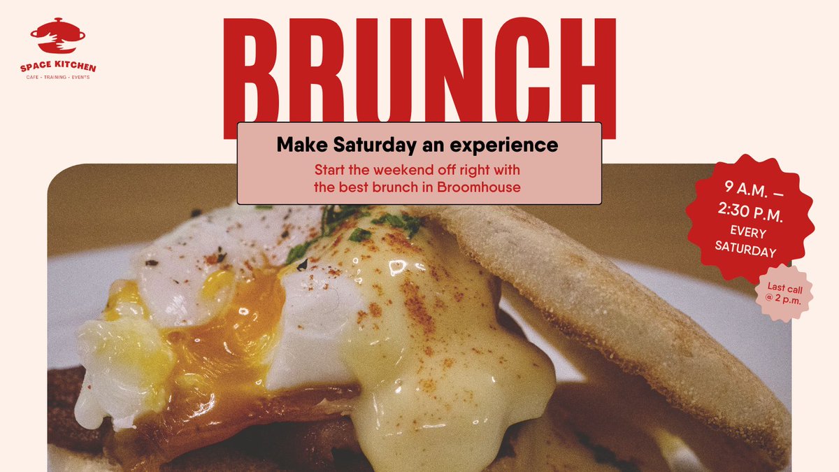 🍽️ #SpaceKitchenCafe is serving up a fresh #brunch menu, with plenty of room to catch up over a cuppa. 🥐 Swing by every #Saturday from 9 a.m. to 2 p.m. for a taste of something different. 🤤 Make Saturday an experience. #BroomhouseHub #cafe #food #SaturdayBrunch