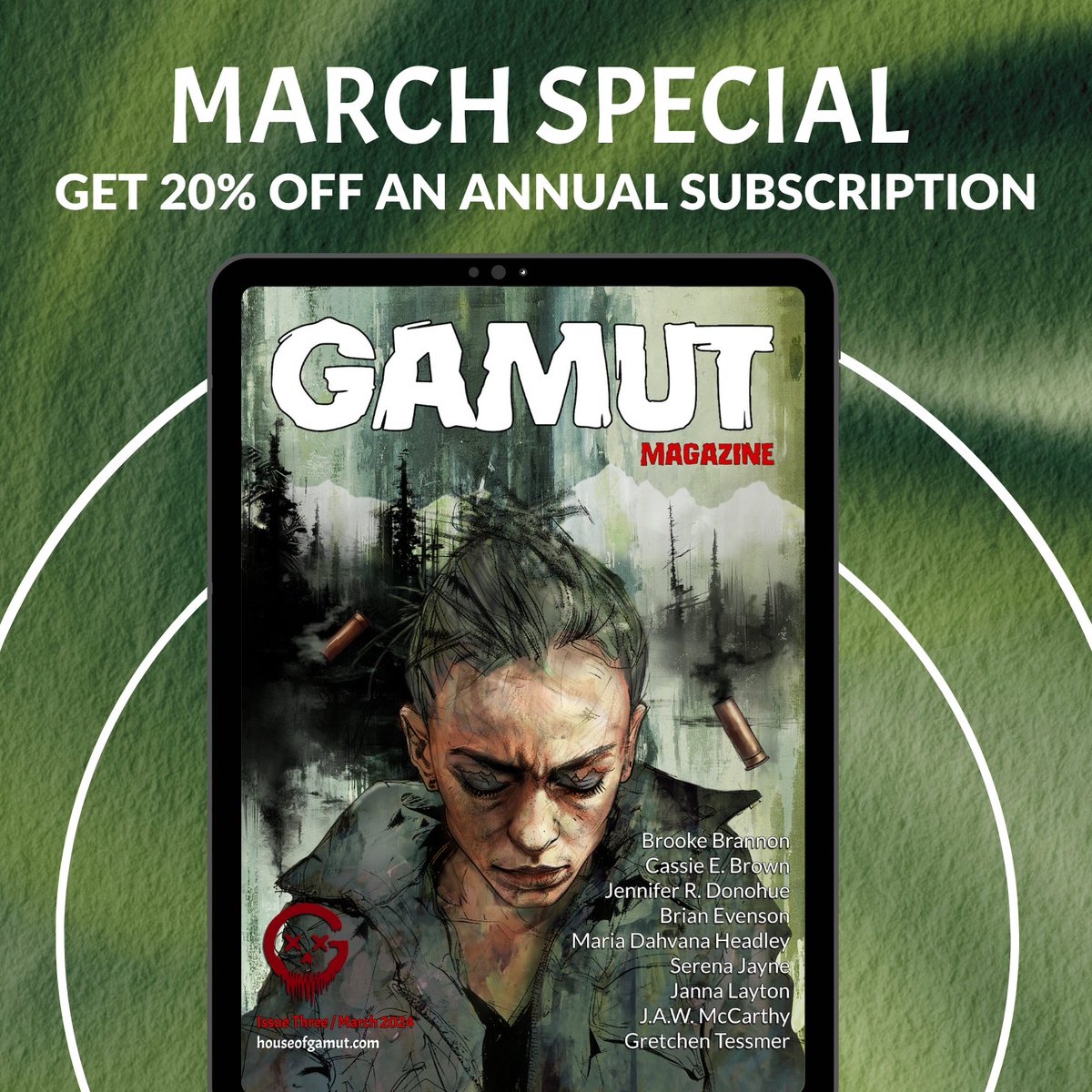 If you’re into DARK speculative fiction, poetry, and non-fiction in genres like horror, fantasy, sci-fi, and beyond…check out Gamut Magazine. This month only, you can save 20% OFF our annual magazine subscription so it’s only $36 for the entire year. Here’s how: 1️⃣ Sign up for…