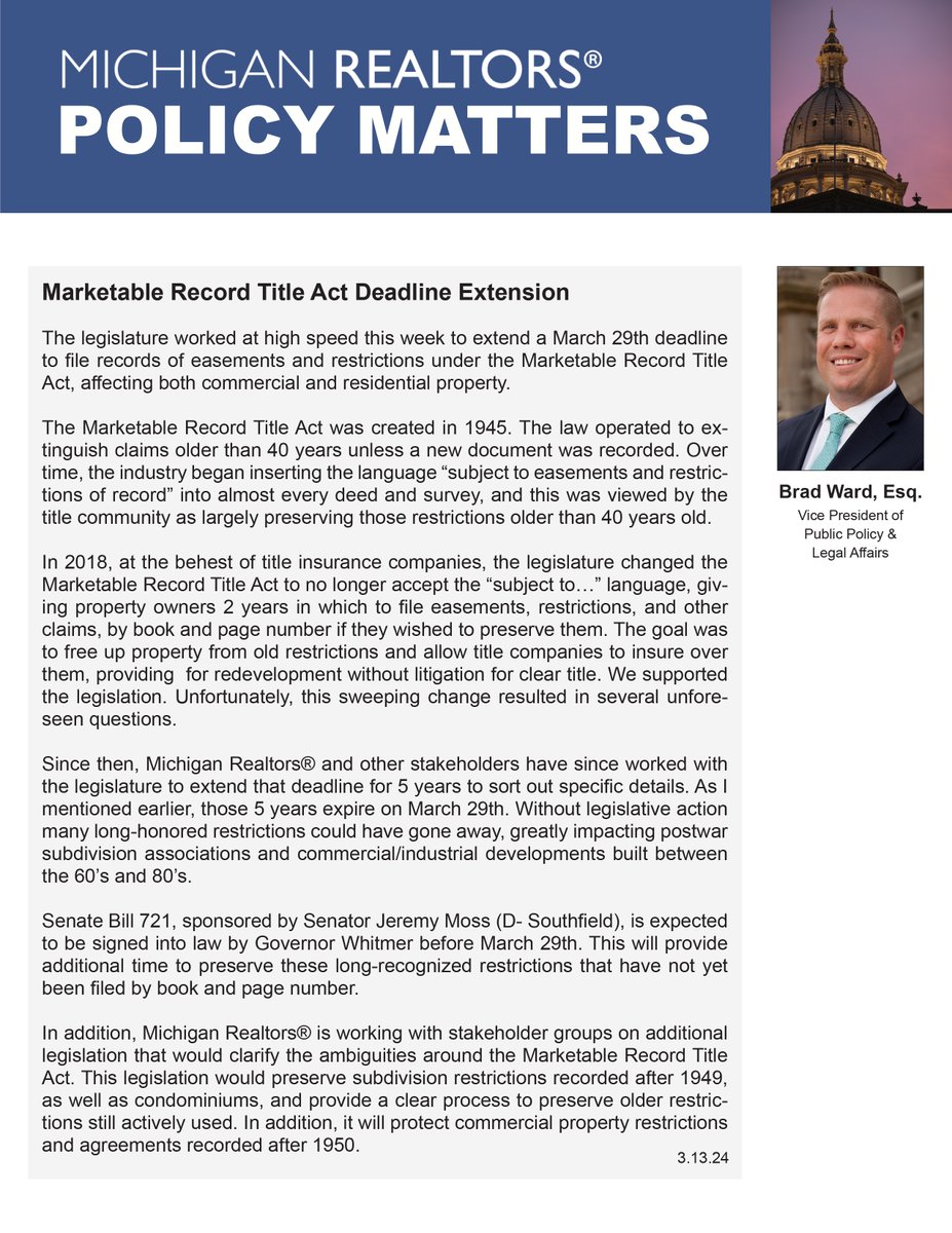 Breaking News: Marketable Record Title Act Deadline Extension #MichiganRealtors #PolicyMatters