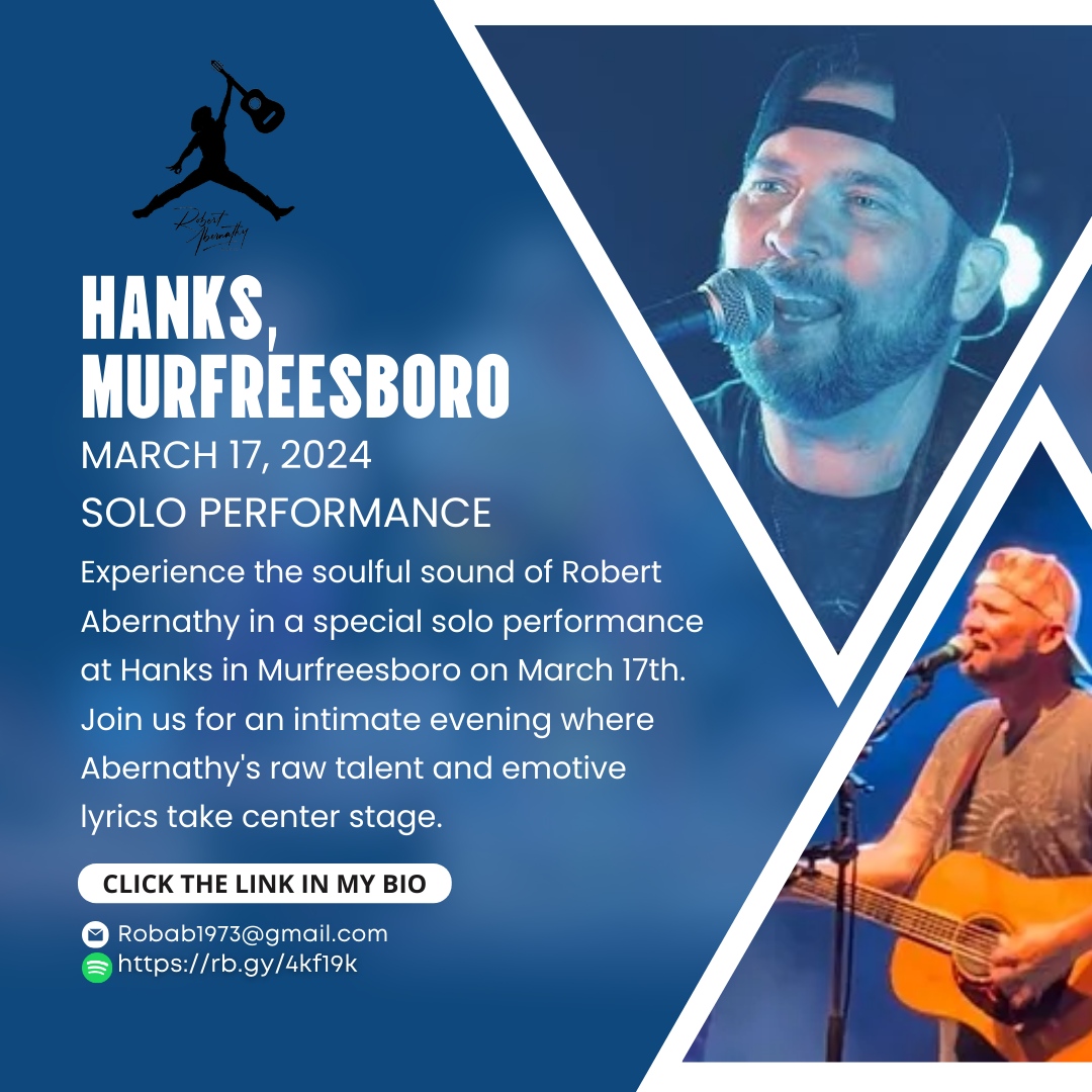 Dive into the soulful sounds of Robert Abernathy in a special solo performance at Hanks, Murfreesboro, on March 17th. 🎶 Join us for an intimate evening where Abernathy's raw talent and emotive lyrics take center stage. 🎤 #HanksMurfreesboro #SoloPerformance