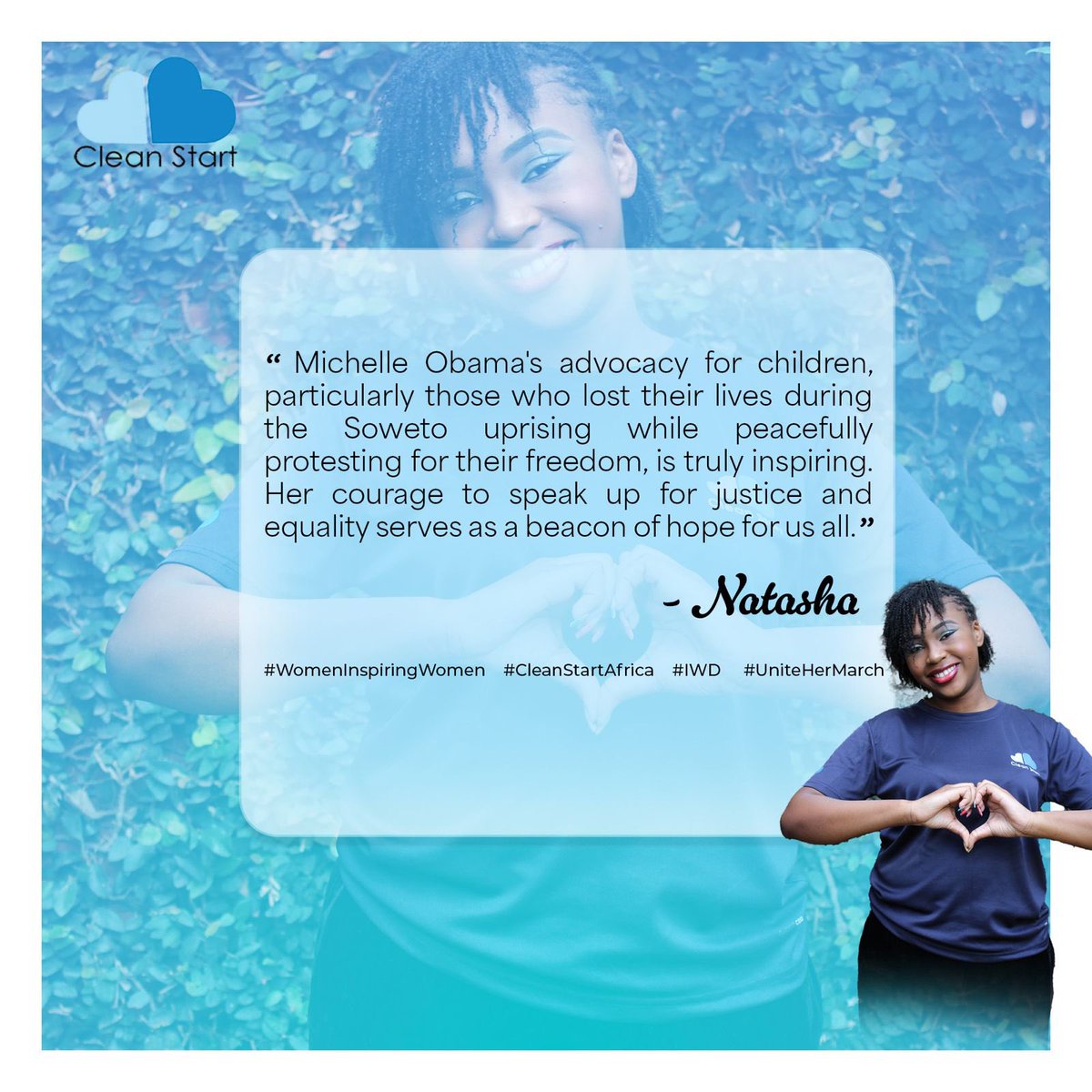 Meet Natasha, whose inspiration, Michelle Obama, advocates for children impacted by the Soweto uprising. 
Michelle's courage for justice and equality lights Natasha's path, echoing hope for us all.

#InspireInclusivity #cleanstartafrica #womenempowement