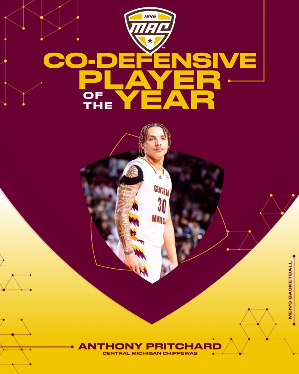 MACtion (@macsports) on Twitter photo 🏀 Co-Defensive Player of the Year 🏀
Central Michigan's <a href="/AnthonyP_30/">Anthony Pritchard</a> has been named 2023-24 MAC Men's Basketball Co-Defensive Player of the Year!
<a href="/CMUMensBBall/">CMU Men's Basketball</a> | #MACtion 🏀 Co-Defensive Player of the Year 🏀
Central Michigan's <a href="/AnthonyP_30/">Anthony Pritchard</a> has been named 2023-24 MAC Men's Basketball Co-Defensive Player of the Year!
<a href="/CMUMensBBall/">CMU Men's Basketball</a> | #MACtion