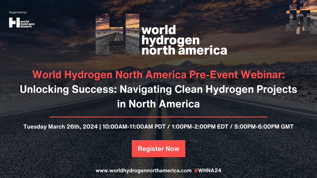 We're joining @HydrogenLeaders for their upcoming webinar, ‘Unlocking Success: Navigating Clean Hydrogen Projects in North America’ on Tues March 26th, 1PM ET. Register your free place to uncover key insights and strategies: us02web.zoom.us/webinar/regist… #WHNA #hydrogen