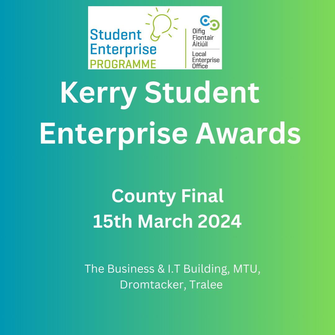KerrySEP's tweet photo. County Final of the Kerry Co Co Annual Student Enterprise Awards will be held on Friday 15th March, The Business &amp; I.T Building, MTU, Tralee. 25 mini-companies set up by local Second level schools will participate in the competition. #kerrysep #StudentEnterpriseProgramme https://t.co/0iCrYhI0LU
