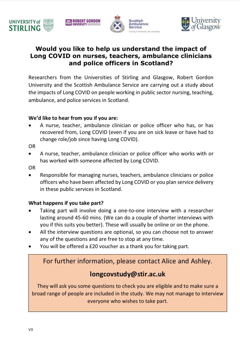 We’re now recruiting participants to our study about the impact of Long COVID on people working in demanding frontline public sector occupations in Scotland - For further info, please contact: longcovstudy@stir.ac.uk