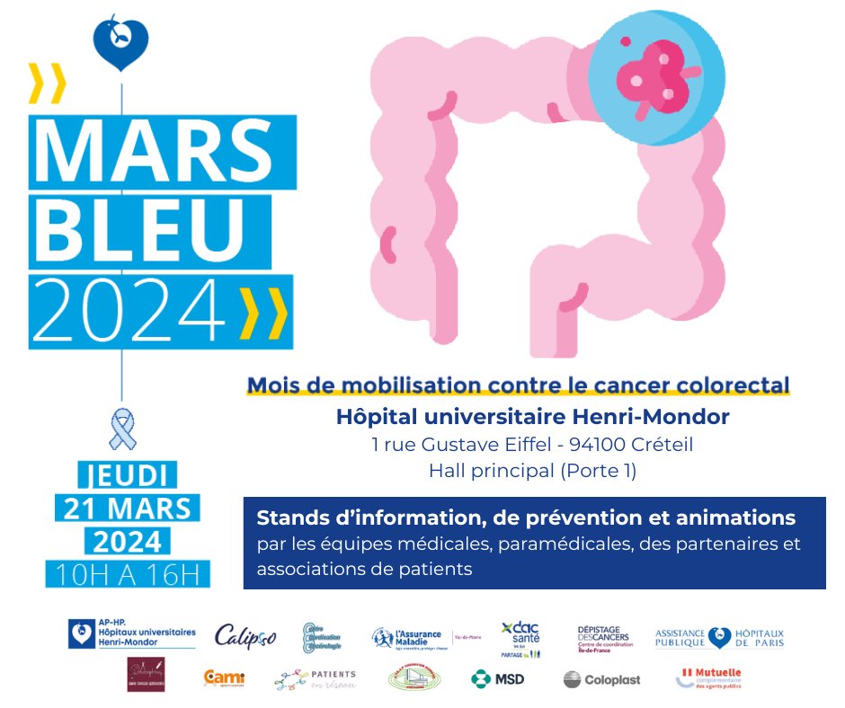 #SAVETHEDATE Les équipes du @GHUMondor et du @CRCDC_IDF engagées à l'occasion de #MarsBleu, mois de mobilisation contre le cancer colorectal. 1 journée y sera entièrement consacrée, ne la loupez pas ! Rdv le jeudi 21/03 à l'Hôpital universitaire Henri-Mondor @APHP @VilleCreteil