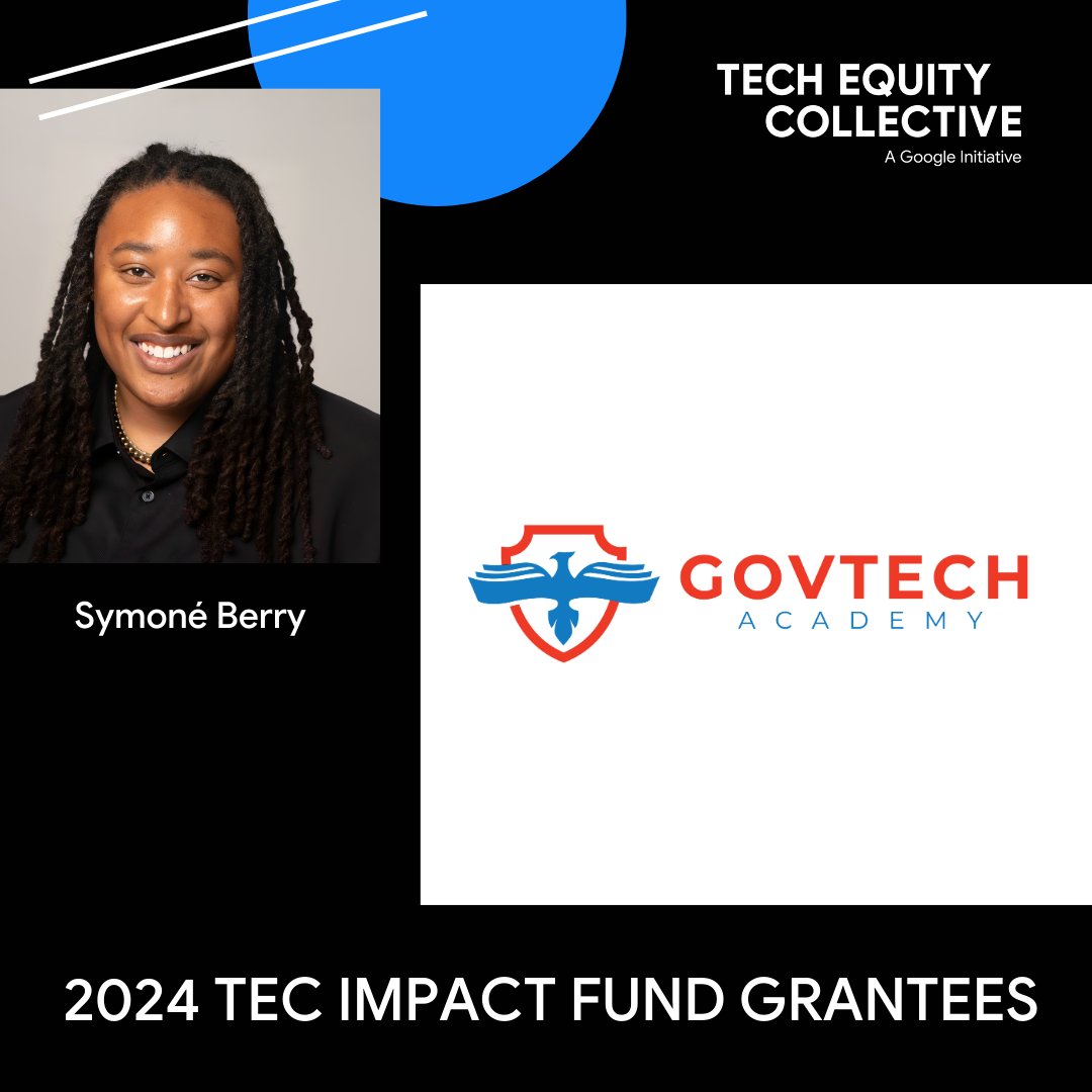 SymoneBeez's tweet photo. Excited to announce that GovTech Academy was selected as a 2024 #TechEquityCollective Impact Fund Grantee! The TEC Impact Fund is a $1M commitment to
provide financial and strategic support for organization re-skilling & upskilling Black technical
talent. https://t.co/HW26Wc04OA https://t.co/I6L0Su6n0l
