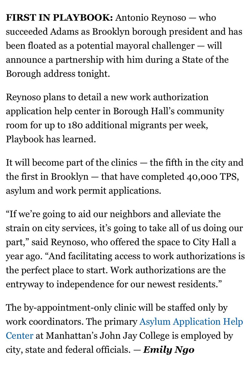 .@BKBPReynoso’s State of the Borough address is tonight. He’ll announce a first-of-its-kind partnership for work authorization application help center at Borough Hall, a collab with @NYCMayor. Playbook —> politi.co/4cd8rRM via @politico