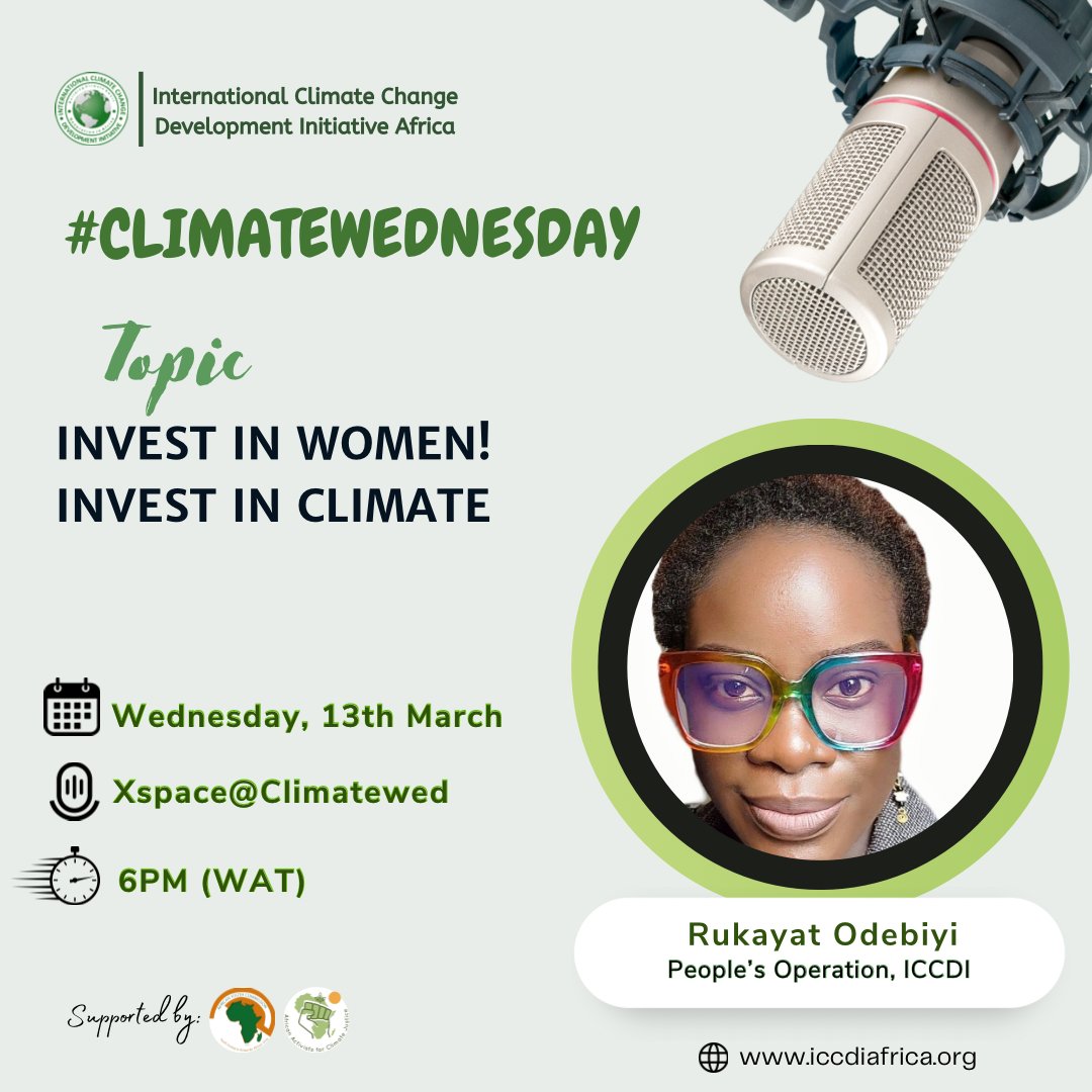ClimateWed's tweet photo. #DYK empowering women can preserve our climate?

Join @Ruqie Peoples Operation @ClimateWed today on #ClimateWednesday via https://t.co/UpMGdlUvAX 6 PM WAT

Topic: Invest in Women! Invest in Climate!

#InvestInWomen #InvestInClimate #ClimateAction #AACJInAction https://t.co/9Qt0b8ZwE6