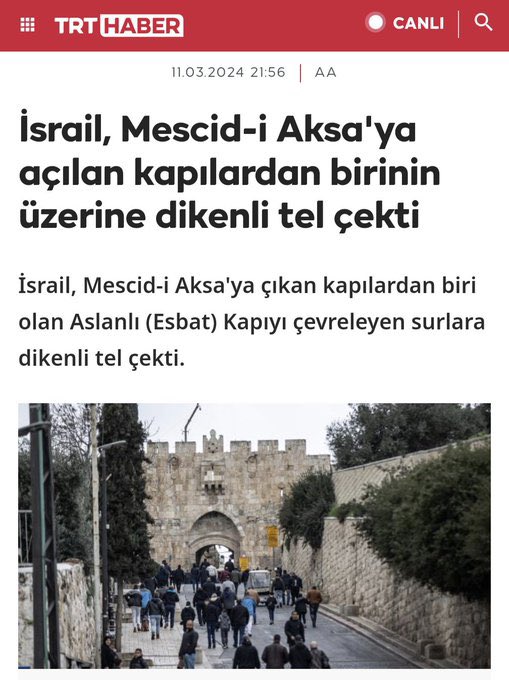 ⭕️ Gazeteci Metin Cihan’ın haberine göre, Gazze’deki savaş başladıktan sonra İsrail’in Türkiye’den dikenli tel aldığı ortaya çıktı. ⭕️ TRT Haber, iki gün önce Mescid-i Aksa’nın çevresine dikenli tel örüldüğü haberini yapmıştı.