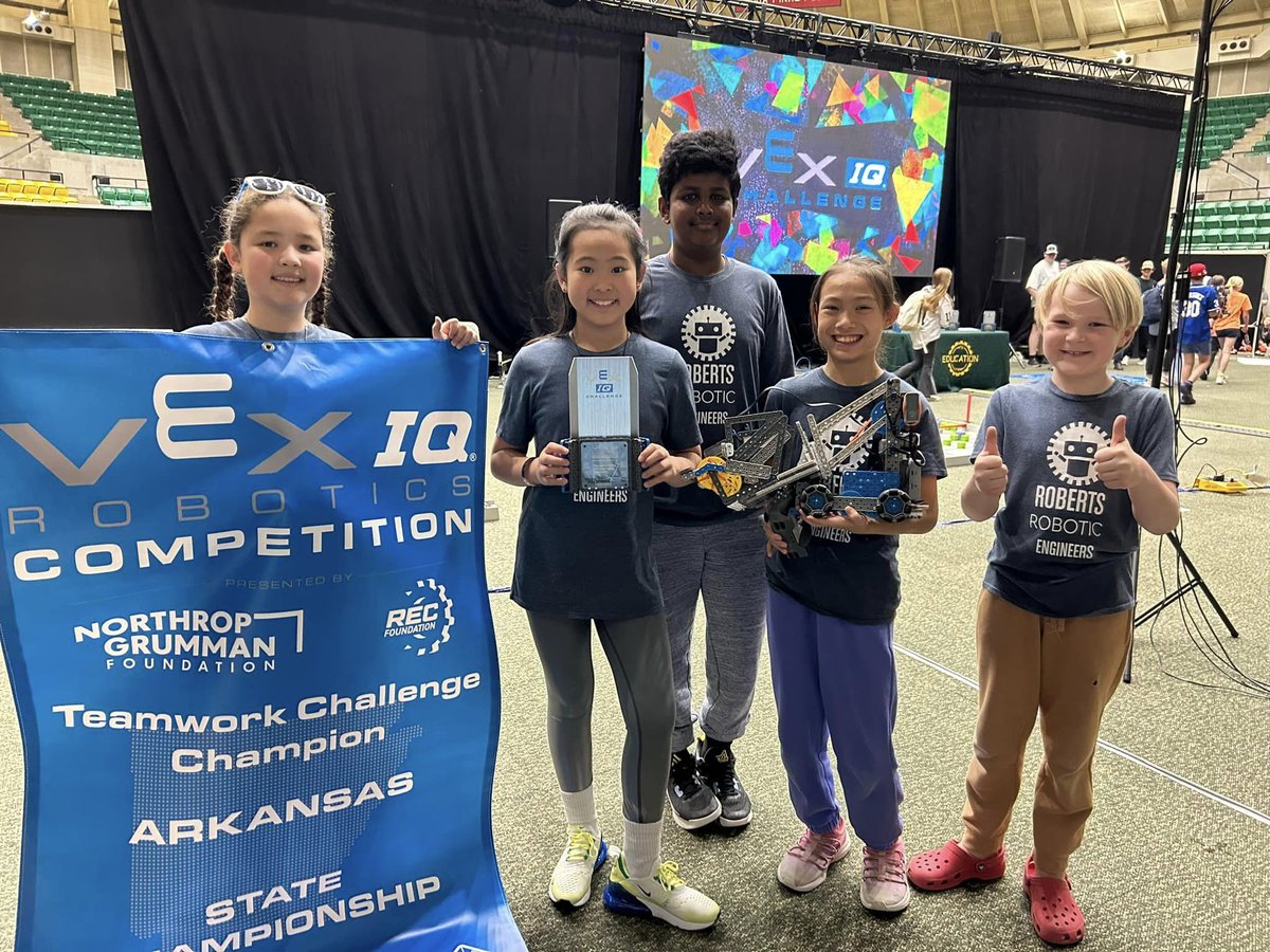 🎉 Incredible news from Roberts Elementary! 🏆 The robotics team is now Vex Robotics State Champions! 🥇 Their hard work, dedication, and innovation have truly paid off. Congratulations and good luck at Globals!