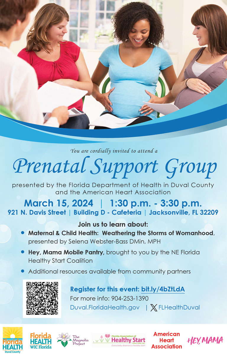 FLHealthDuval's tweet photo. There's still time to sign up  for our next #Prenatal Support Group happening Friday, March 15th! Guest speaker Selena Webster-Bass will talk about Maternal &amp; Child Health: Weathering the Storms of Womanhood.  Space is limited so register today! https://t.co/ed8VkvvIGP #Duval https://t.co/n3dKushS8i