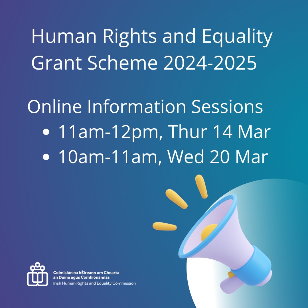We are running Information Sessions to provide details about the Grants Scheme including its themes, criteria and the application process. #IHRECSupported

Join us by emailing grants@ihrec.ie with the date of the session that you would like to attend in the subject line.