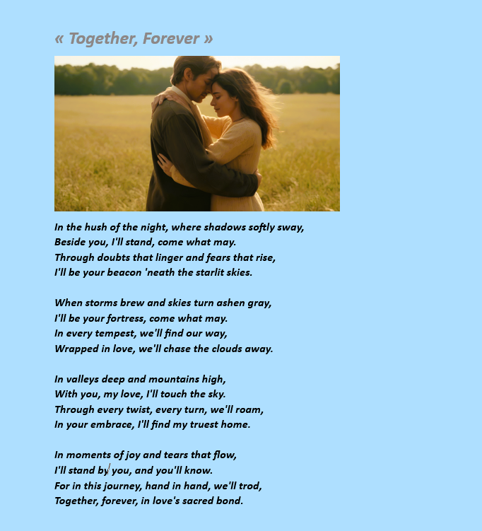 A touching poem, pledging enduring love and unwavering support through life's trials. #EternalLove #UnconditionalSupport #Emotion #LoveVerse #HeartfeltWords #WritingCommunity #poetrylovers #poetrycommunity #amwriting #TrueLovePoetry. E.