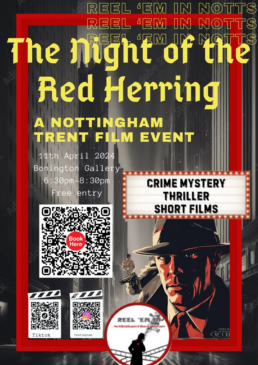 Reel ‘em in invites all crime thriller lovers to The Night of the Red Herring - an evening of short films and interactive mysteries designed to appeal to those of a curious nature. Bonington Gallery, Thursday 11th April, 6:30-8:30pm. Free entry 🎟️👉boningtongallery.co.uk/event/reel-em-…