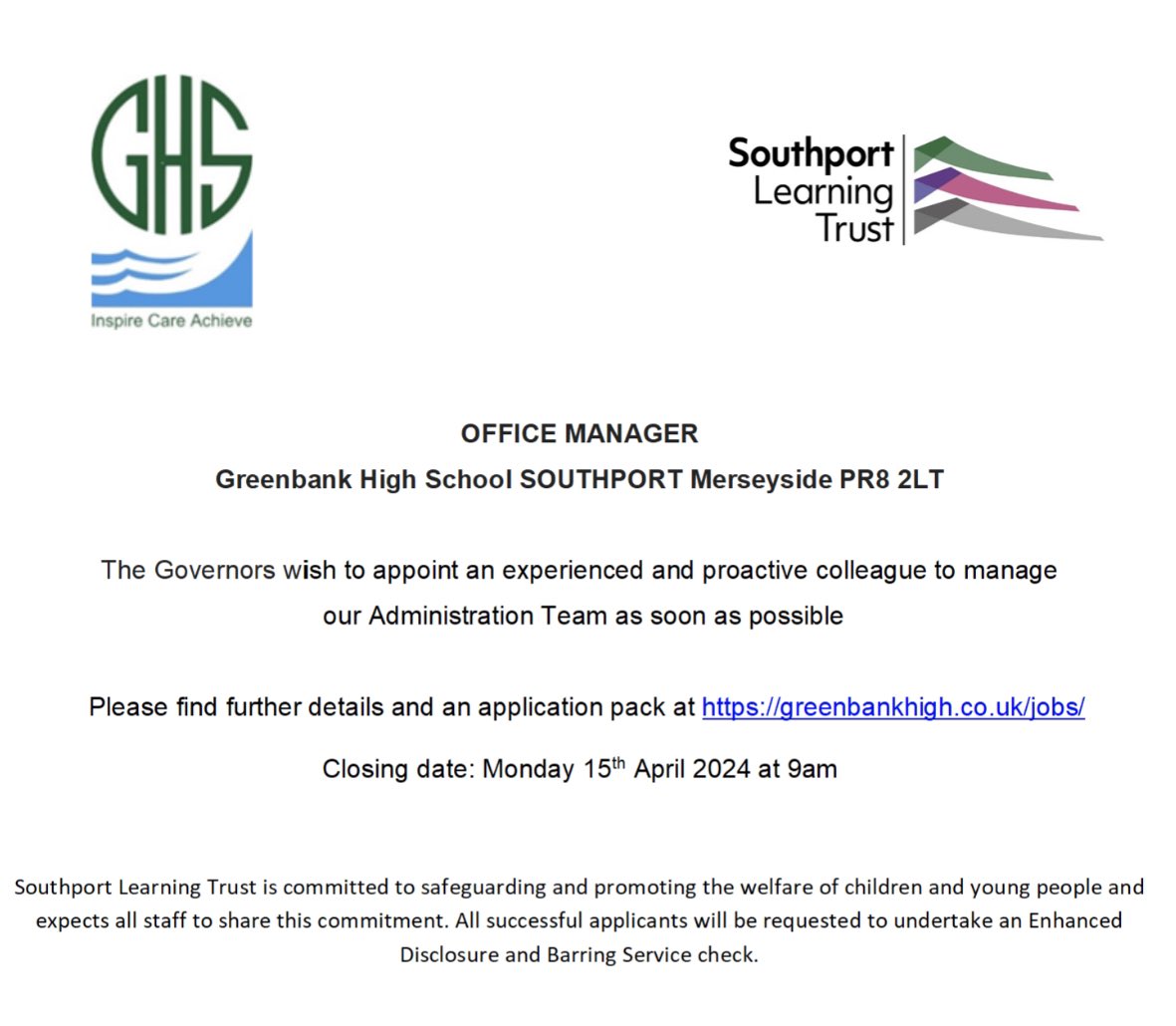 We currently have a vacancy for an Office Manager. Please find further details and an application pack at greenbankhigh.co.uk/jobs/  @SouthportLTrust