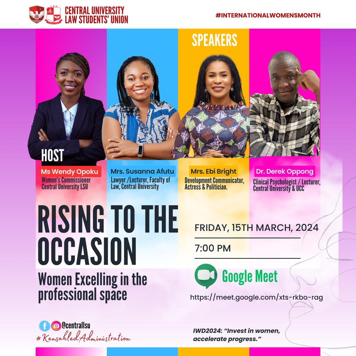 This Friday, the 15th, join our virtual discussion on the topic: Rising To The Occasion - Women excelling in the professional space.

Brought to us by the LSU Women’s Commission (WOCOM)

See flyer for more details 
#CentralLSU #CentralLAW #IWD2024 #InspireInclusivity