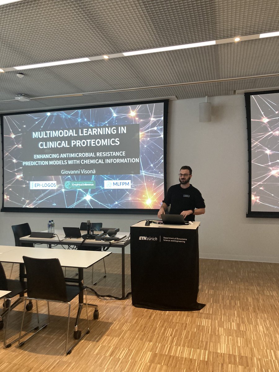 The next #MLFPM fellow presenting today is Giovanni Visonà:  “Multimodal learning in clinical proteomics: enhancing antimicrobial resistance prediction models with chemical information”