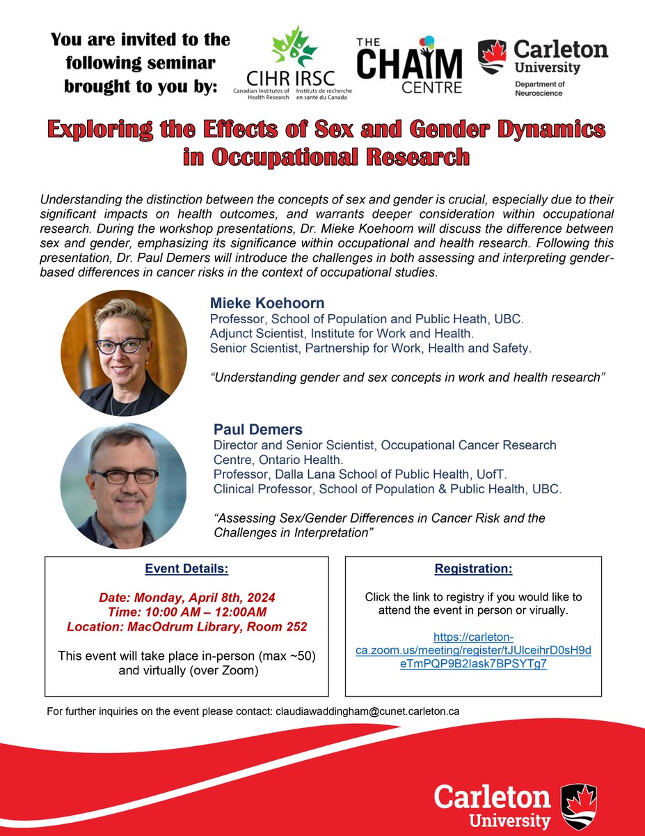 CHAIM_Centre's tweet photo. We are hosting a seminar on Exploring the Effects of Sex and Gender Dynamics in Occupational Research! 

Registration link: https://t.co/082yzJ0Gm6

#occupationalhealth #healthresearch #health #research #cancerresearch #genderdifferences https://t.co/0h2xGdbZtP