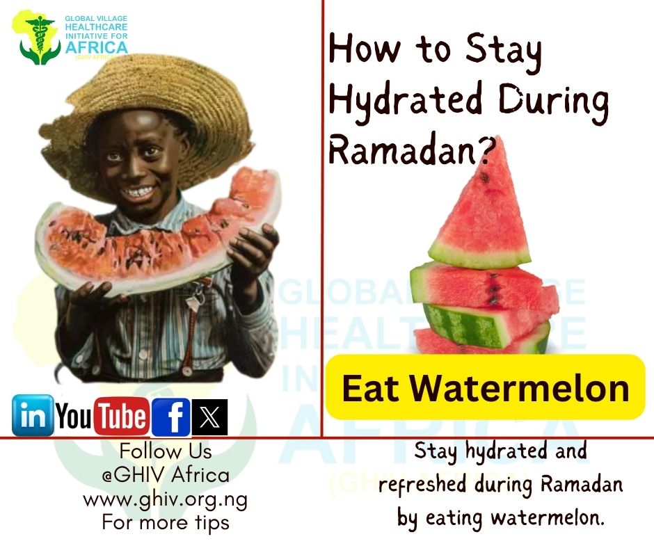 Stay hydrated during Ramadan fasting by eating watermelon, a hydrating fruit with high water content, at suhoor and iftar.
#fruitsandveggies
