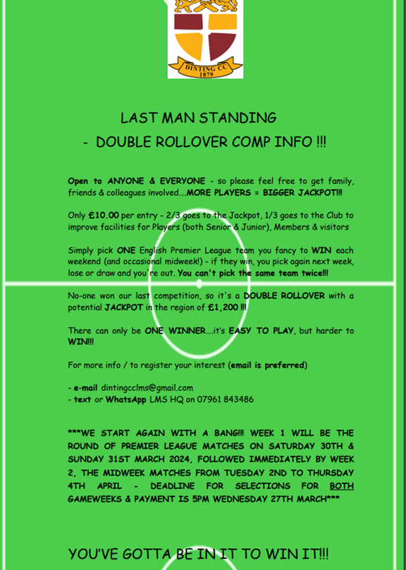Dinting Cricket Club (@dintingcc) on Twitter photo Our LMS is a double rollover with prize money anticipated to be in the region of £1,200!
Please email dintingcclms@gmail.com to get involved. Open to anyone and everyone!!! Our LMS is a double rollover with prize money anticipated to be in the region of £1,200!
Please email dintingcclms@gmail.com to get involved. Open to anyone and everyone!!!
