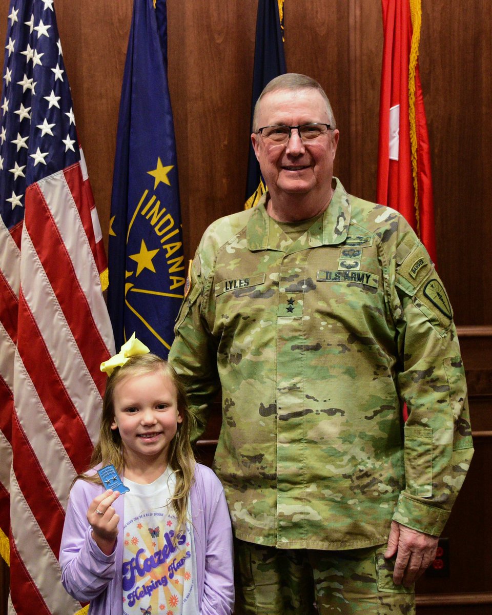 HoosierTAG's tweet photo. I was proud to recognize a Hoosier going above &amp; beyond by presenting Hazel with a challenge coin recognizing her selfless service. Motivated by her own experience, at a young age, she’s already gathered &amp; given more than a thousand toys to children receiving care at hospitals. https://t.co/B8AQUk9iJ3