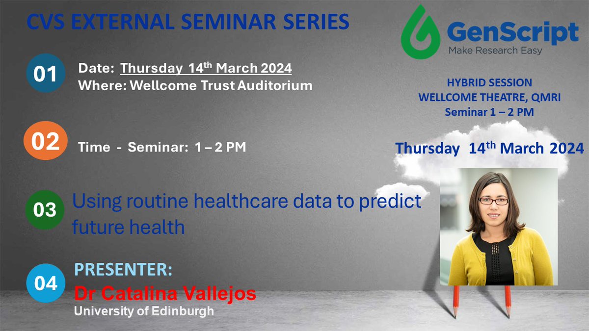 Join us for another exciting #CVSExternalSeminar Thursday 14th of March 2024 between 1-2PM at the QMRI, when we'll have @CataVallejosM from the @EdinburghUni Title: Using routine healthcare data to predict future health