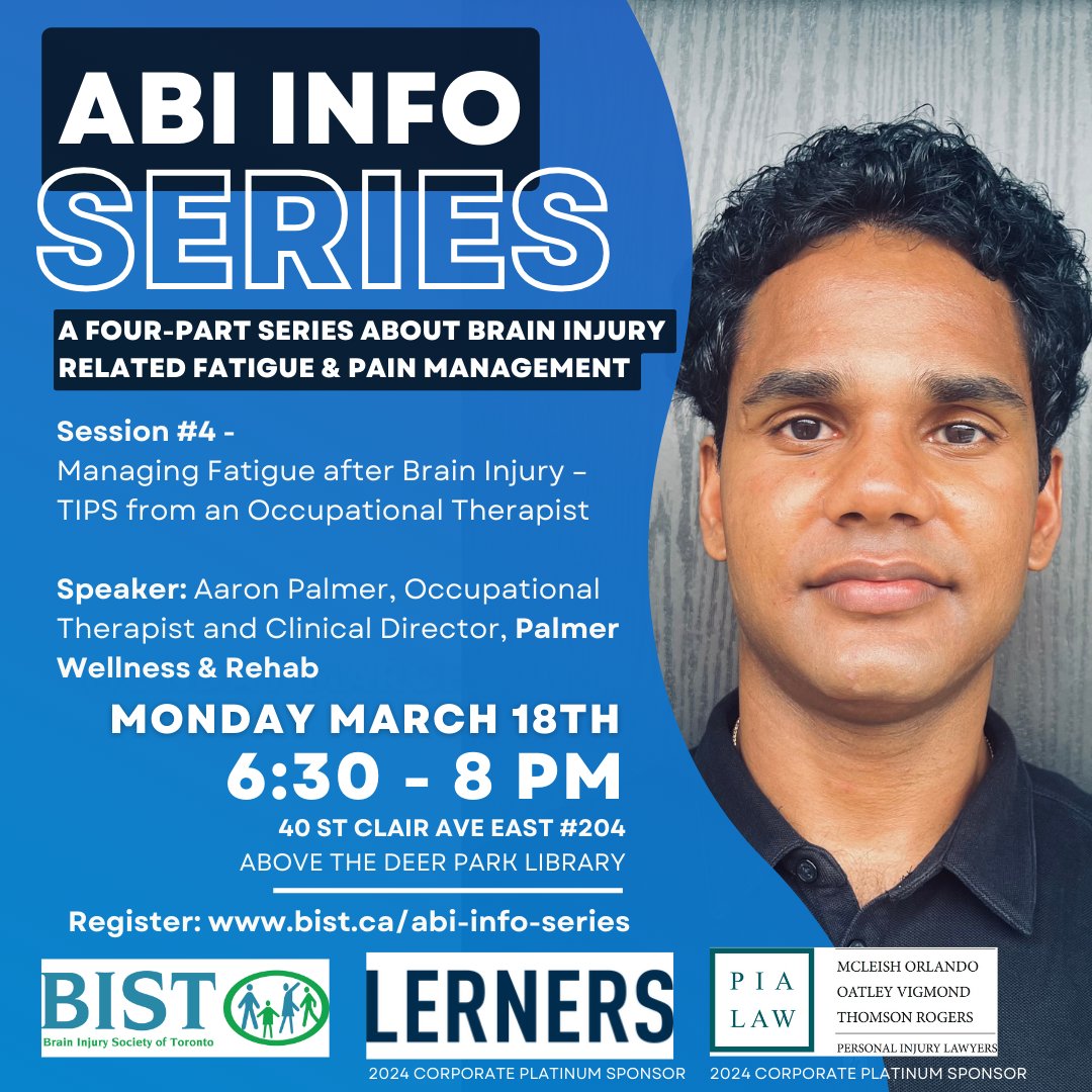 Fatigue can be one of the most common, and frustrating, symptoms after brain injury. Join us for the 3rd Session of our ABI Info Series next Mon March 18th for a talk by Aaron Palmer of Palmer Wellness & Rehab for tips on Fatigue Management: Register: eventbrite.ca/e/abi-info-ser…