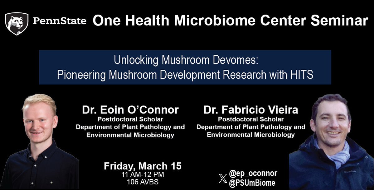 One Health Microbiome Center (@psumbiome) on Twitter photo 🍄 Join us this Friday @ 11 AM EST for a seminar led by <a href="/penn_state/">Penn State</a>'s Dr. Eoin O'Connor (<a href="/ep_oconnor/">Eoin O'Connor</a>) and Dr. Fabricio Vieira!
We are excited to learn more about mushroom devomes and utilizing #HITS for mushroom development research.
Can't make it? DM us for the zoom link! 🍄 Join us this Friday @ 11 AM EST for a seminar led by <a href="/penn_state/">Penn State</a>'s Dr. Eoin O'Connor (<a href="/ep_oconnor/">Eoin O'Connor</a>) and Dr. Fabricio Vieira!
We are excited to learn more about mushroom devomes and utilizing #HITS for mushroom development research.
Can't make it? DM us for the zoom link!