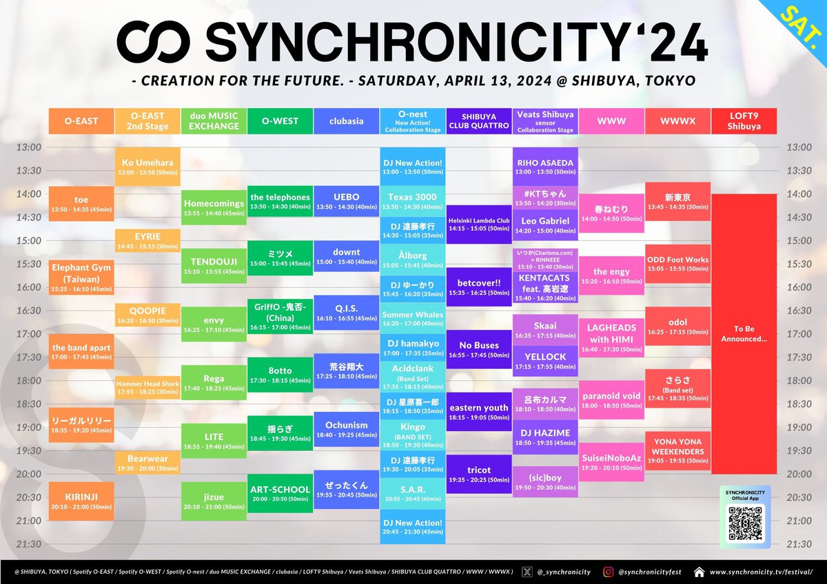 SYNCHRONICITY'24 Elephant Gymは、4/13土曜15:25〜 1月にワンマンをやったO-EASTに帰ってきます。前回は2018年クラブエイジアでした。あの時いろんな素晴らしい日本のアーティストを観たシンクロニシティのO-EAST、楽しみです。待ってます！