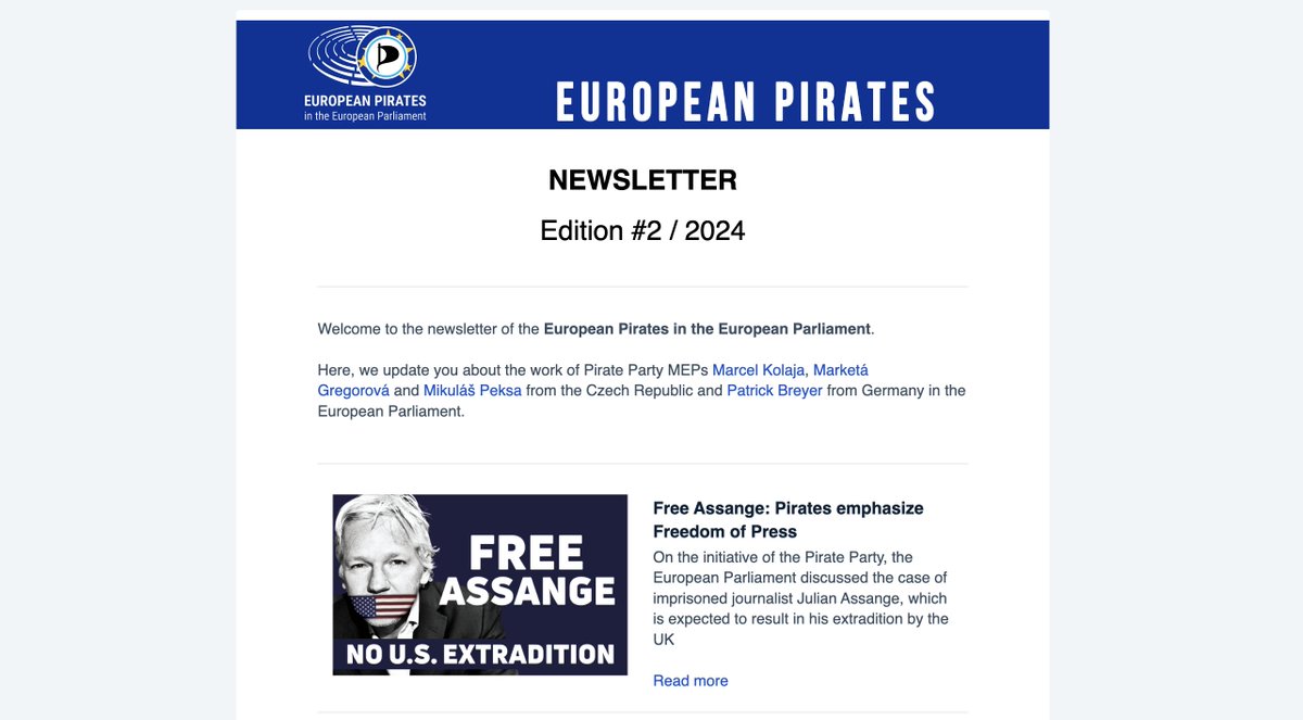 Lately, Pirate Party Members of the European Parliament worked on #FreeAssangeNOW, #ChatControl, the #AIAct & much more. You can read all updates from Brussels in our latest newsletter edition. More: press.european-pirateparty.eu/m/8285712 Did you sign up already? urlpir.at/Newsletter