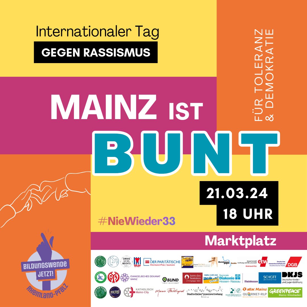 Paritaet_RPS's tweet photo. 📅 21. März: Internationaler Tag gegen Rassismus! 🌍 Die Bildungswende Rheinland-Pfalz lädt zur Kundgebung für Toleranz und Zusammenhalt ein.

🕕 Wann? 18:00 Uhr
📍 Wo? Marktplatz, Mainz

Lasst uns gemeinsam ein Zeichen setzen!😊

#VielfaltohneAlternative #Mainzistbunt https://t.co/vzgbRLEFxx