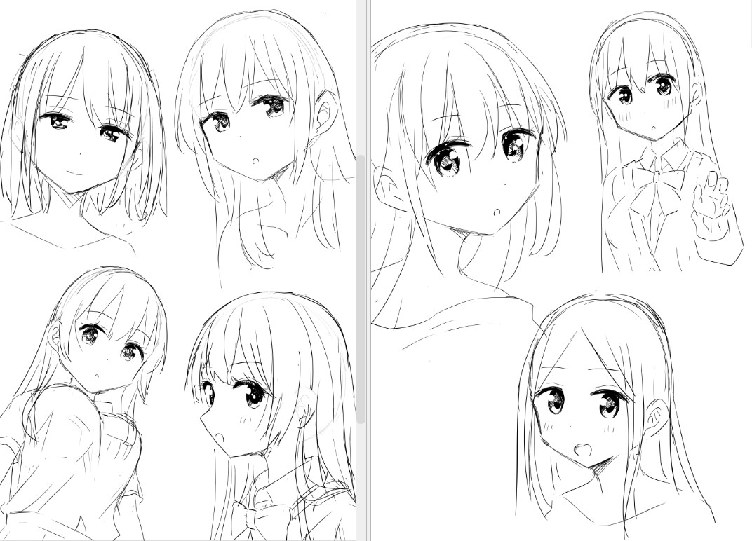 最近やっと白ハゲ描いてから髪を乗せるという基礎の描き方を覚えた。
まだ正確な白ハゲが描けないけど、こっちの方が描くのラク。 