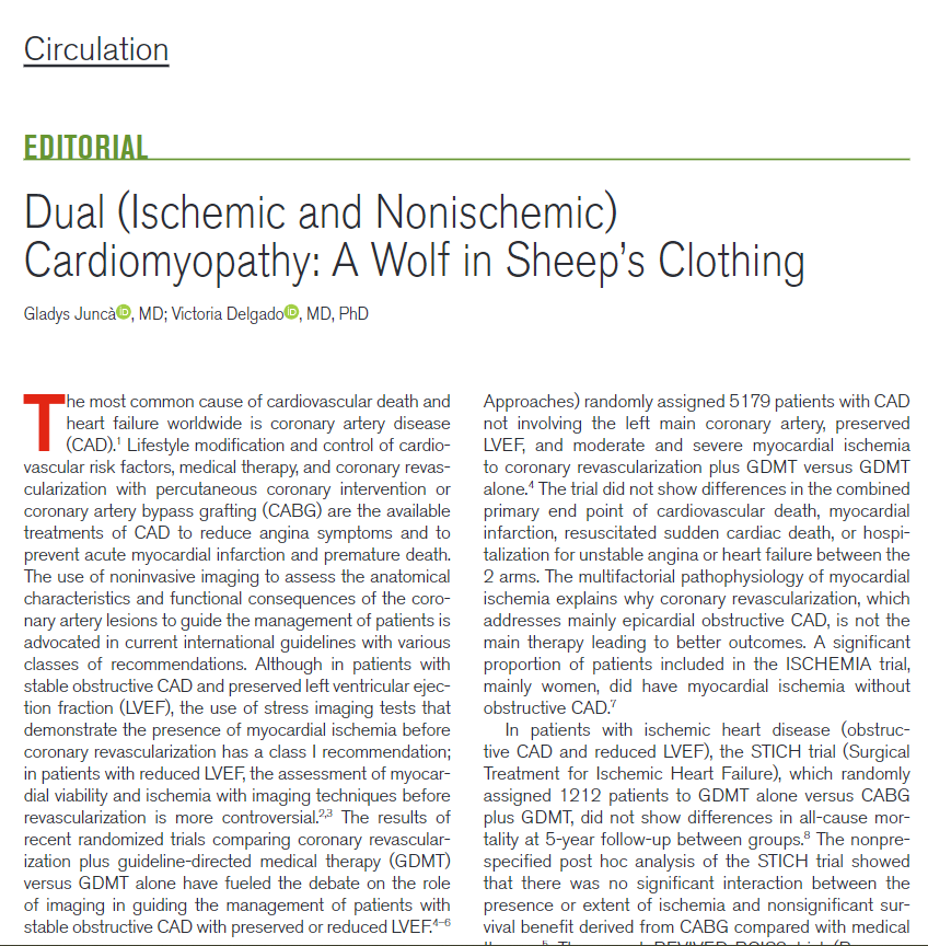 Dual (Ischemic and Nonischemic) Cardiomyopathy: A Wolf in Sheep’s Clothing | Circulation ahajournals.org/doi/10.1161/CI… 👏👏👏@GladysJunca !!