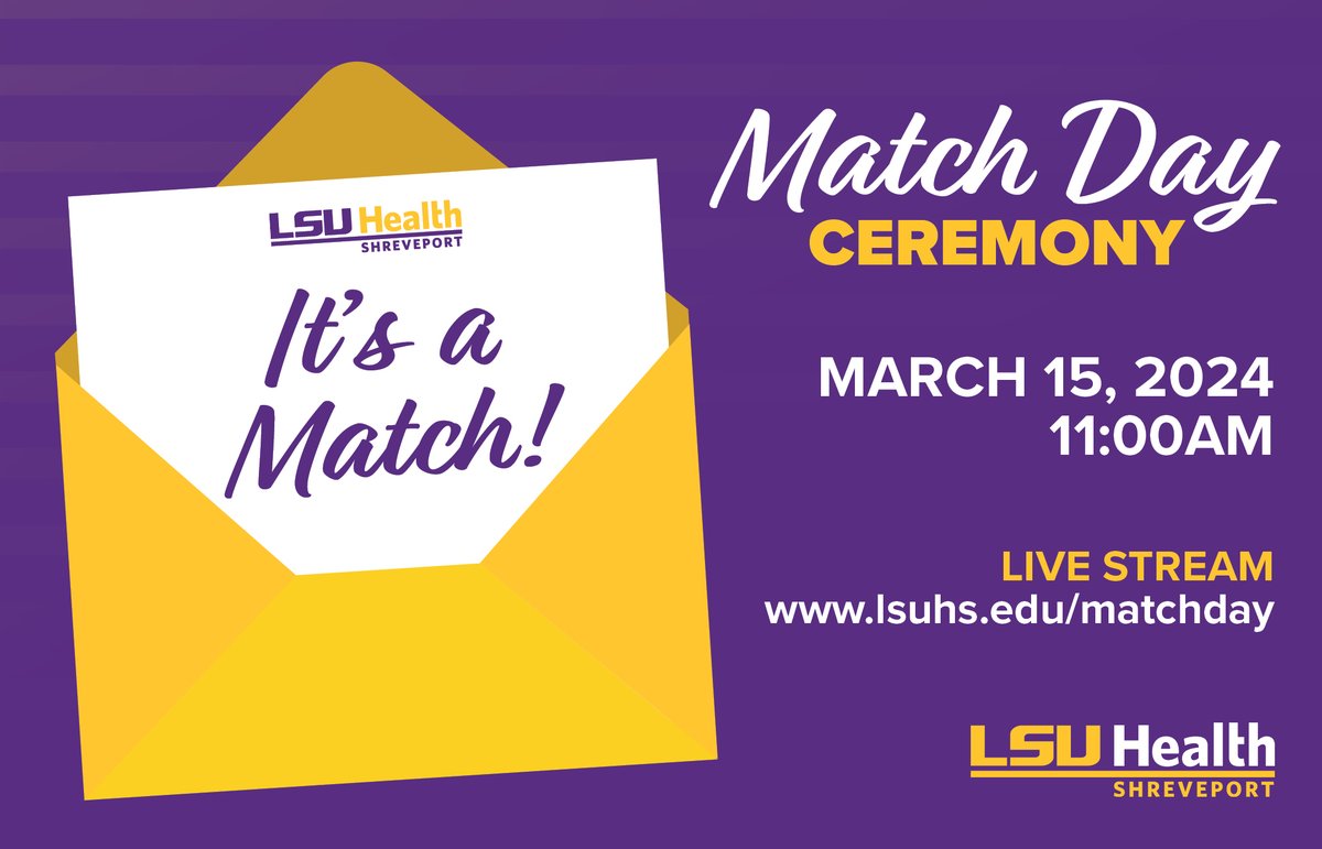 #MatchDay2024 is officially here! Tune in live at 11:00AM to celebrate with our 4th-year medical students by visiting our website: lsuhs.edu/matchday. For those sharing excitement & congratulations to our students on social media, be sure to tag us so we can celebrate too!