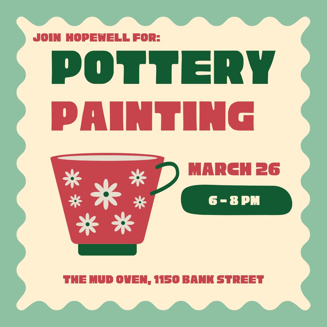 Join us at Mud Oven Tues March 26 for a night of connection and creativity! 🎨

Sign up for $5 and Hopewell will cover an item of your choosing up to $30. Spaces are limited - reserve your space today! 

Link: hopewell.ca/social-nights